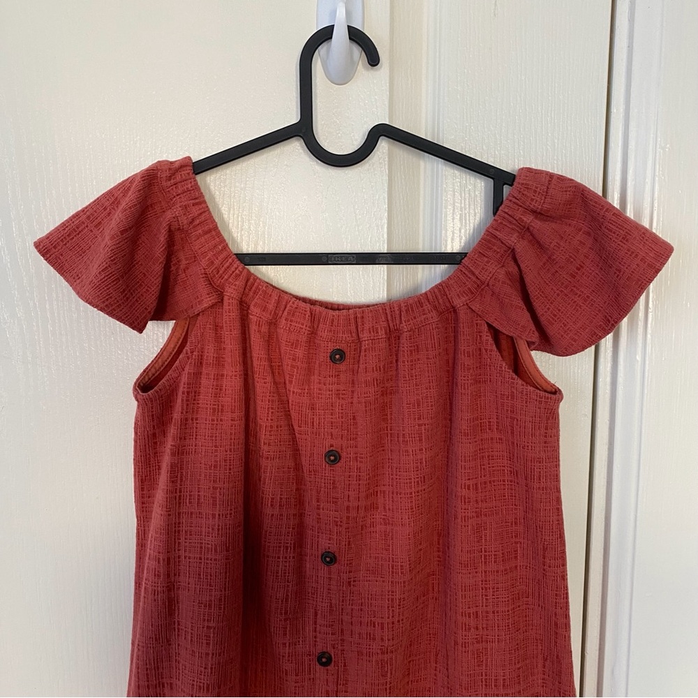 Madewell Red Texture Thread Button Front Ruffle Off-the-Shoulder Mini Dress XS - Picture 5 of 14